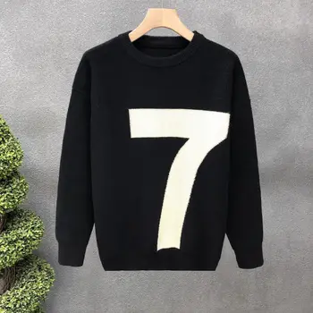 Suéter digital contrastante masculino, pulôver versátil com gola redonda, suéter de malha, simples e casual, tamanho grande, moda coreana, jovem