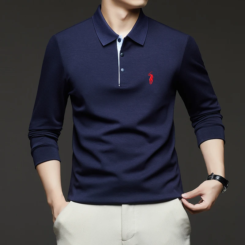 Men's business casual lapel long sleeved T-shirt, comfortable top for autumn and winter