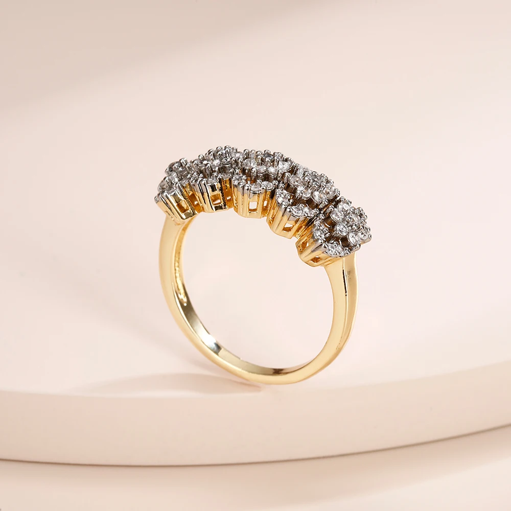 Clustered row zircon earrings and rings set copper plated 14K two-color gold banquet wedding accessories birthday gift