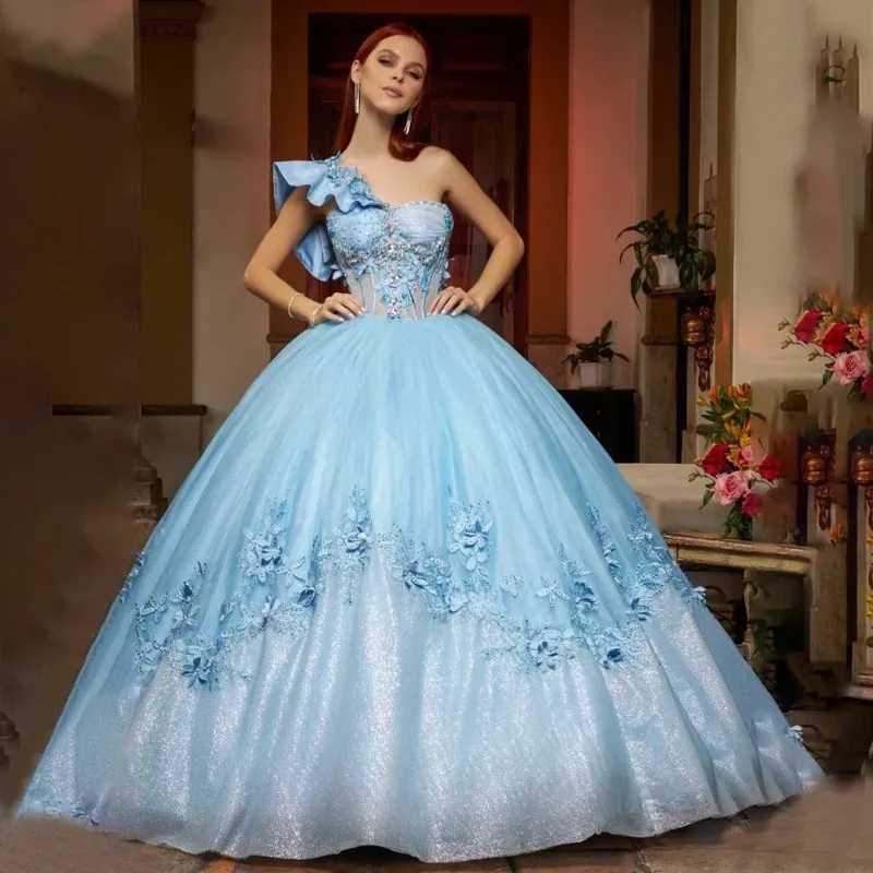 Customized Temperament Graceful Exquisite One Shoulder Quinceanera Dresses Sweetheart Lacing Up Tulle Fashion Charming Ball Gown