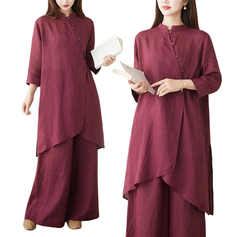 Elegant Chinese TaiChi Shirt Women's Flowing Top Summer New Style Zen Tea Clothing Two-Piece Set Ethereal Traditional Chinese