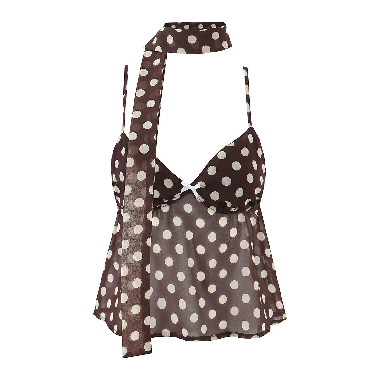 

Women's Fashion Polka Dot V-neck Camisole Skirt Women Brown Polka Dot Sheer Cami Top With Neck Tie And Bow Detail Elegant ICXI
