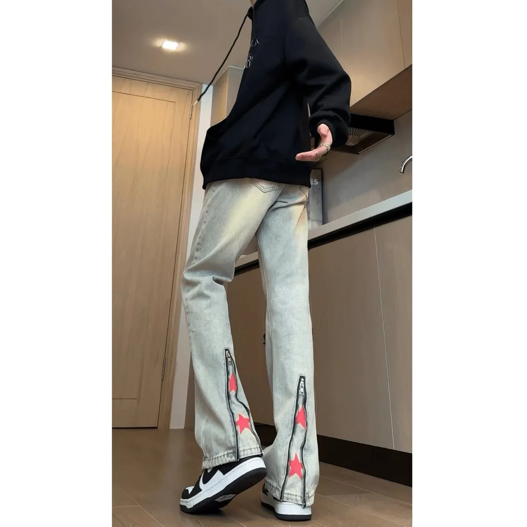 American High Street Vibe Zipper Black Slim Fit Men's Jeans Design Sense Straight Knife Flared Pants Casual Wear All Seasons