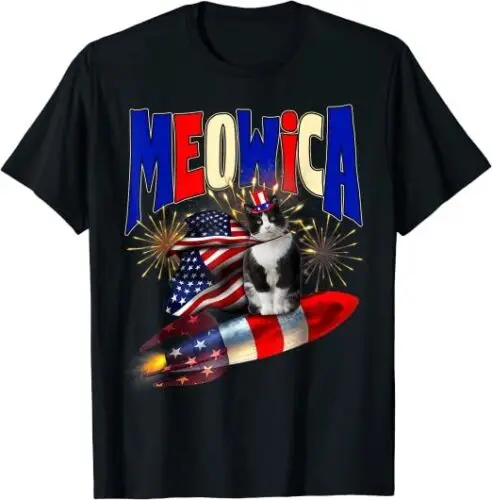 Meowica Cat Tuxedo 4th Of July With Fireworks USA T-Shirt S-3XL