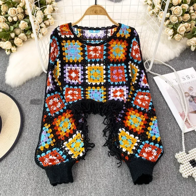 Chic Sweater Womens O-neck Color Blocking Sweaters For Women Knitted Hollow Out Pullover Feminina Tassel Lantern Sleeve Dropship