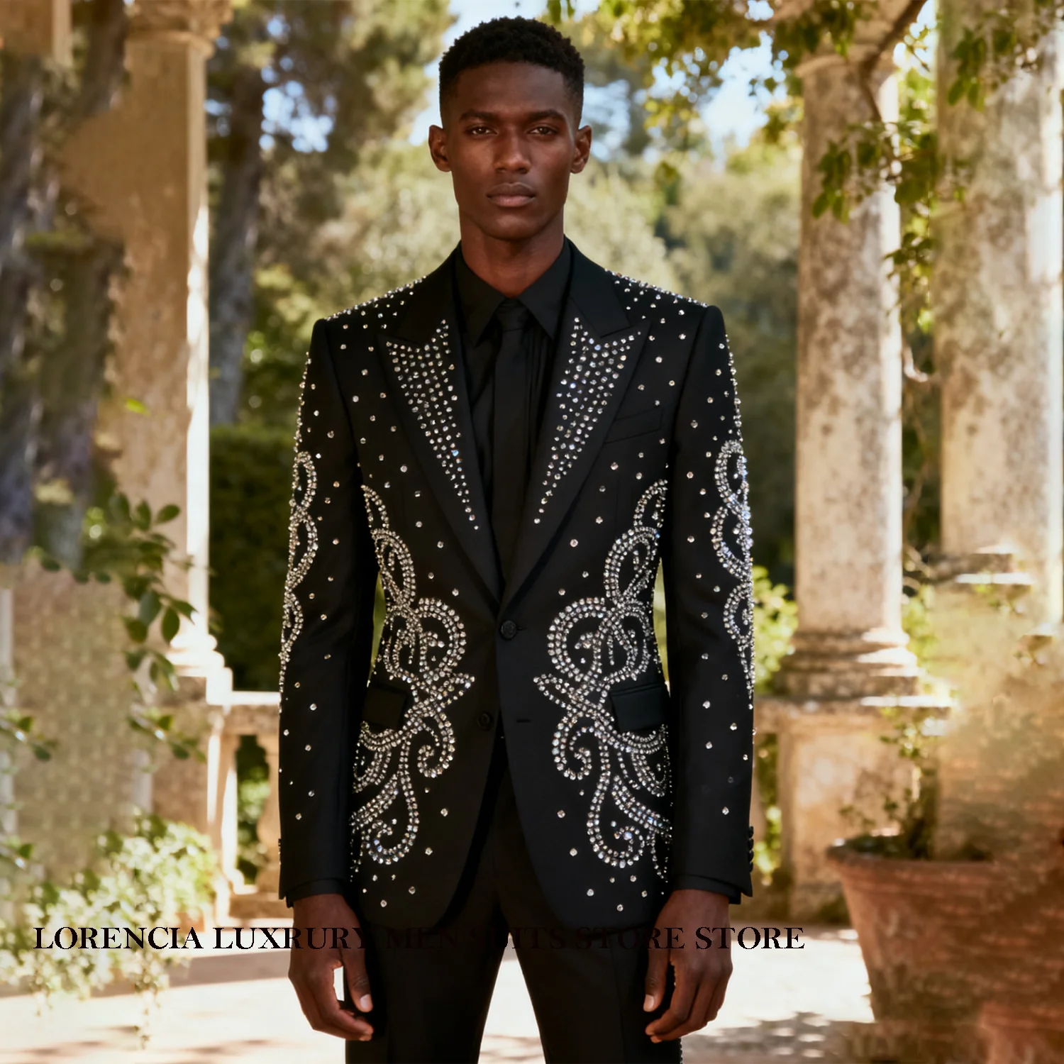 

Customized Exquisite Diamond Crystals Lapel Men Suit Slim Fit Wedding Party Tuxedos 2 Pieces Sets Groom Male Blazers Ropa hombre