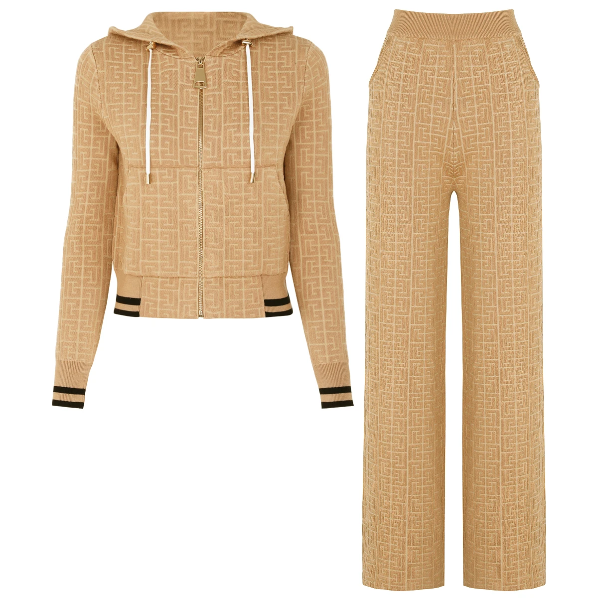 High Quality Spring And Autumn New Elastic Knitted Texture Hooded Top Cardigan+pants Women's Casual Suit