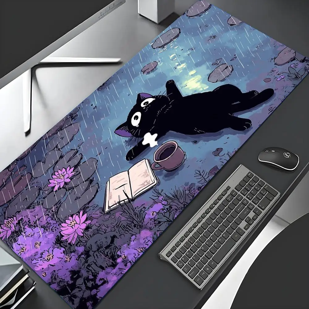 

Большой игровой коврик для мыши Magic Forest Black Cat, игровые аксессуары, прошитые края, зеленые растительные узоры, подходит для офиса и дома