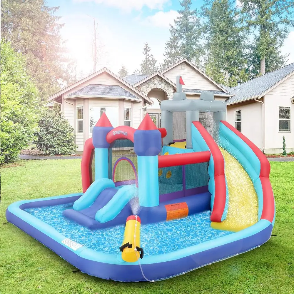 Parco di scivoli d'acqua Iatable, scivoli d'acqua Iatable Bounce House per bambini - Parete da arrampicata, 2 diapositive, area paraspruzzi e trampolino – Facile