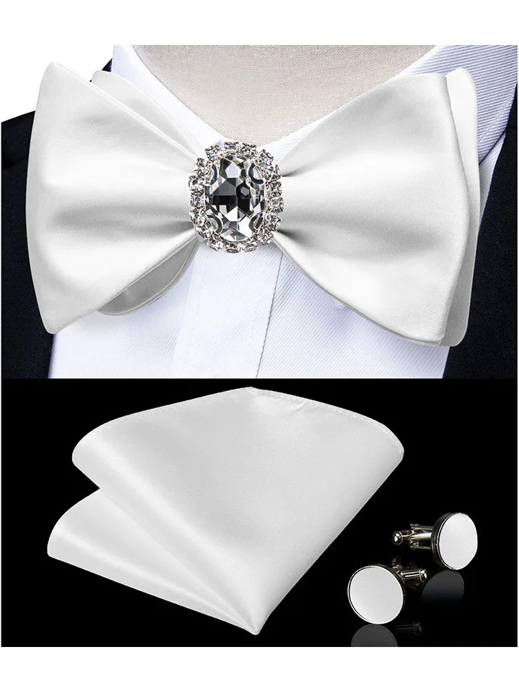 Classic White Selr-tie Bowtie with Ring Pocket Square Cufflinks Set Fashion Solid Men's Bow Tie for Wedding Groom Business Knots