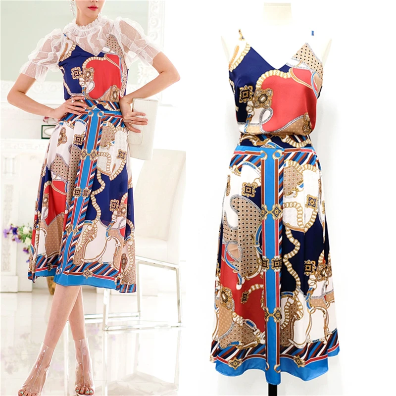 

Women's Spaghetti Strap Printing Tops and Skirt, Beach Party Style, Summer Fashion, 2 Piece Set, SL341