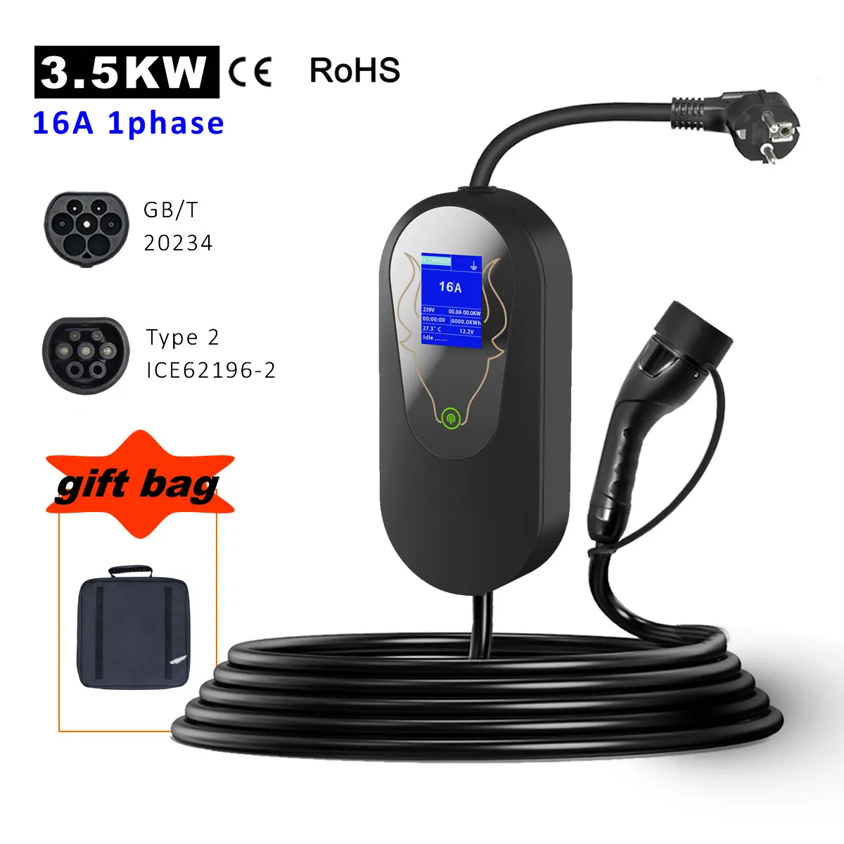 3.5kw Portable Electric Vehicle Charger Type2 Schuko EU Plug 16A GB/T EV charger 3.5m 5m 10m Charging Box Cable for Electric Car