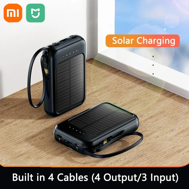 Xiaomi 50000mAh بنك الطاقة الشمسية فائق السعة كابلات مدمجة شاحن بالطاقة الشمسية 2 منافذ USB شاحن خارجي Powerbank مع ضوء LED