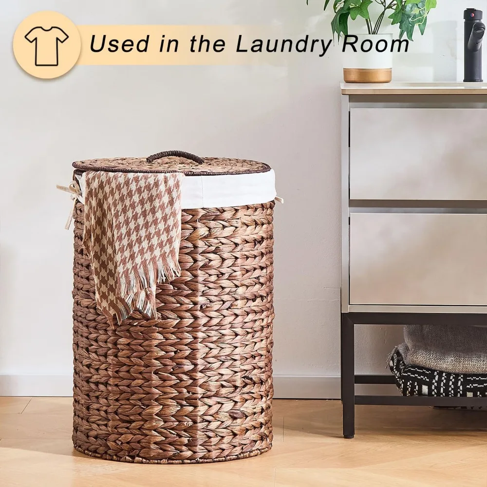 سلة غسيل من الخيزران المنسوج يدويًا مع غطاء لتخزين وتنظيم الملابس