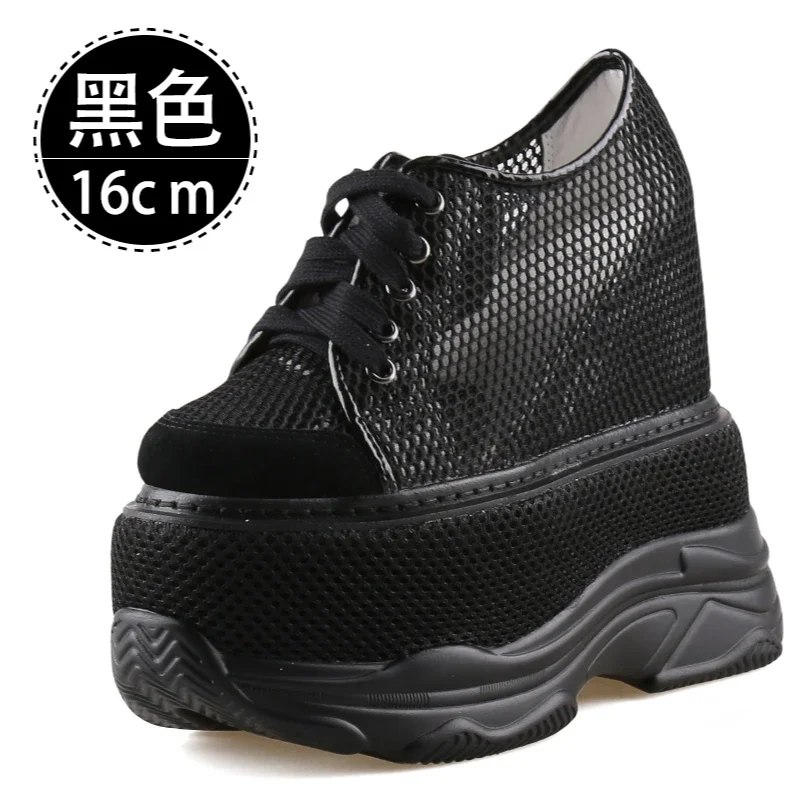 Summer Mesh Breathable Comfort 16cm Height Increasing Shoes for Women's Thick Soled Sponge Cake Sneakers Leisure Elevator Shoes
