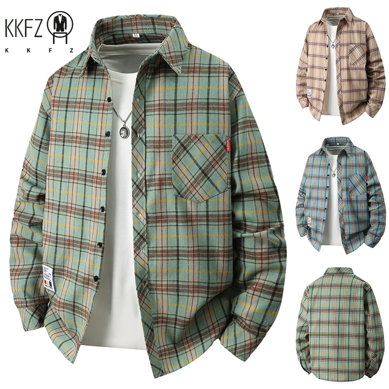 Loose Silhouette Check Shirt Male Turn Down Collar Chest Pocket Breathable Long Sleeve Layered Street Outerwear