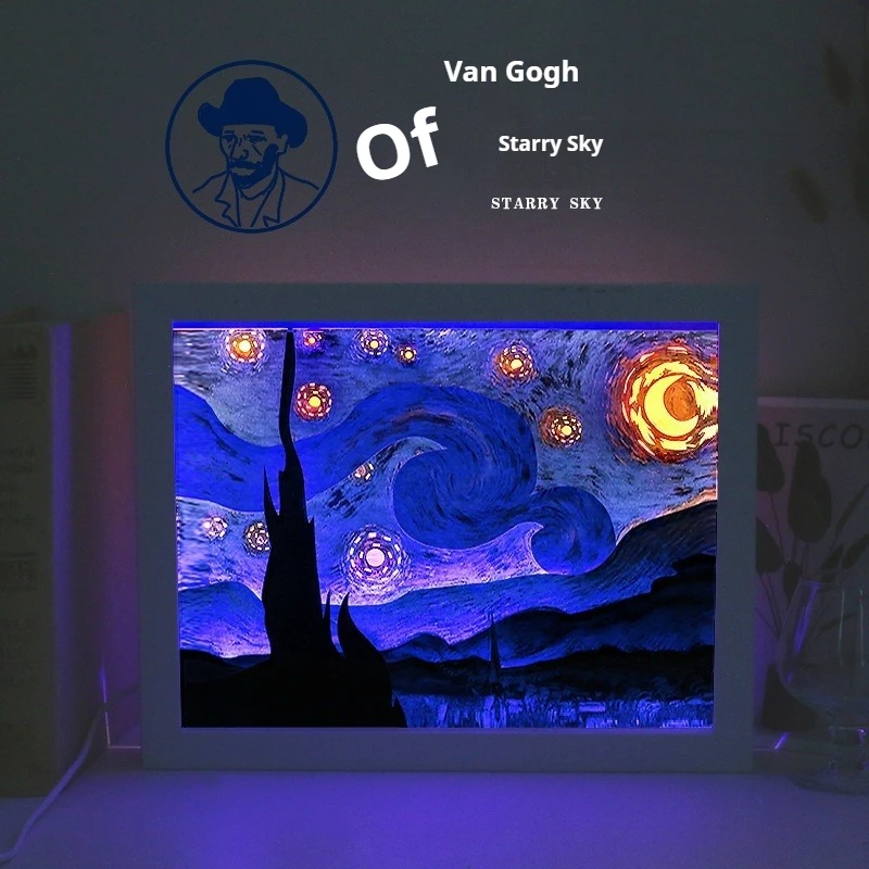 

Van Gogh Starry Night 3D Lamp - Laser-Cut Paper Art Piece for Desk & Home Decor, Layered Night Light with LED Base