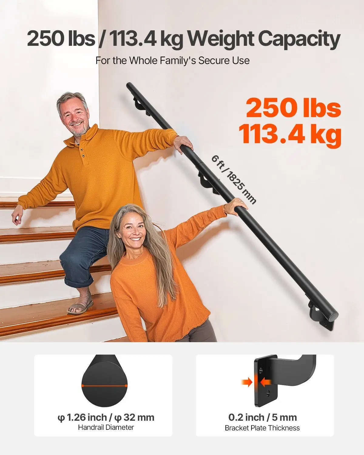 6ft Wall Mounted Stair Handrail Black Aluminum Indoor Outdoor Railing