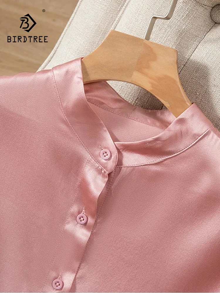 

Birdtree Stretch Plain Crepe Satin,93%Mulberry Silk OL Style Shirt,Simple Long Sleeve Stand Collar Women's Commute Top T39117QD