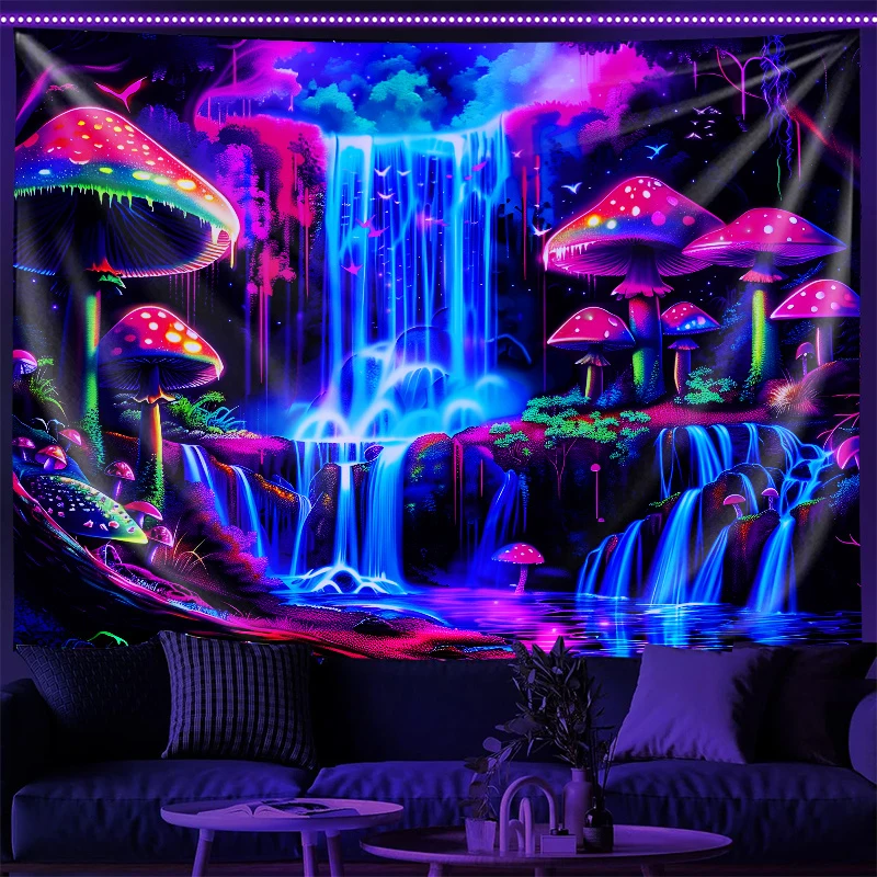 Black Light Mushroom Forest Tapestry Bedroom Dormitory Living Room Atmosphere Wall Decoration Polyester Fiber Wall Hanging