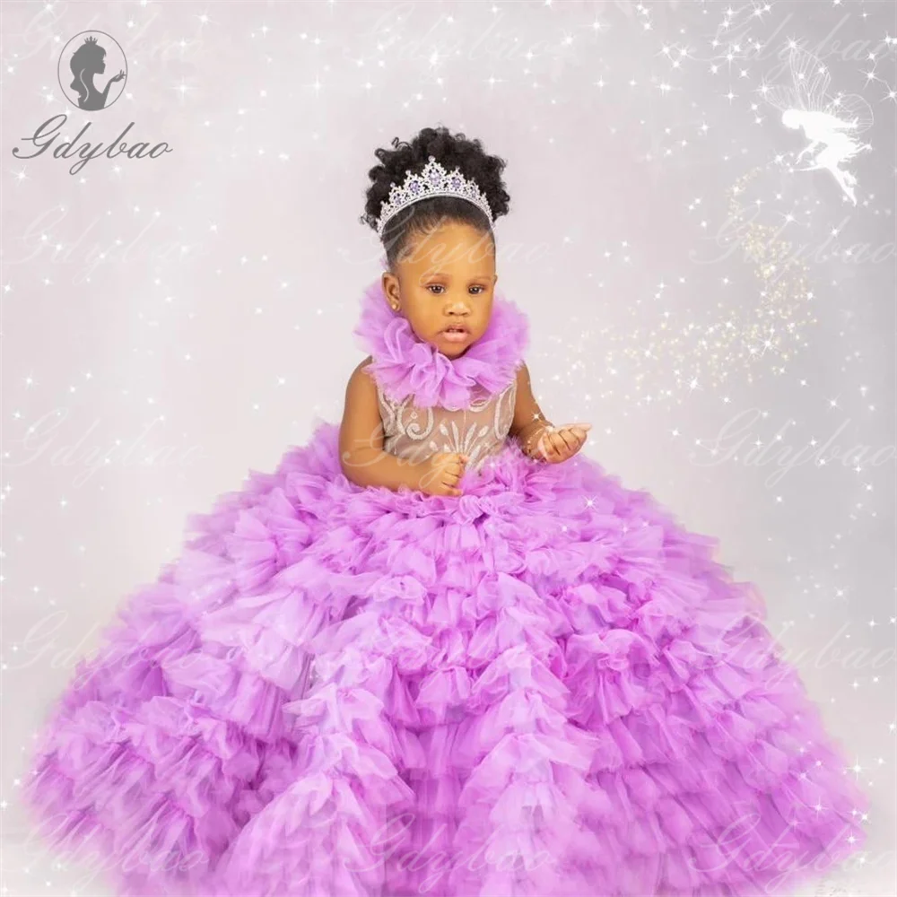 Gorgeous Flower Girl Dresses High Neck  for Wedding Party Ruffles Kids Birthday Dresses Girls Pageant Gowns for Photoshoot