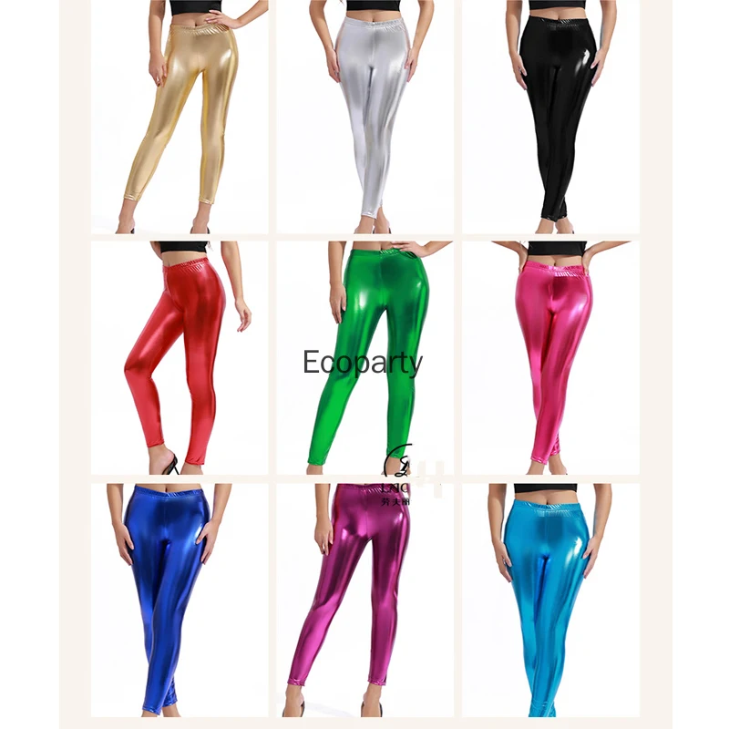 

New Women Sexy Faux Leather Metallic Bright Pants Silver Gold Shiny Candy Color Skinny Pants Dance Performance Fitness Leggings