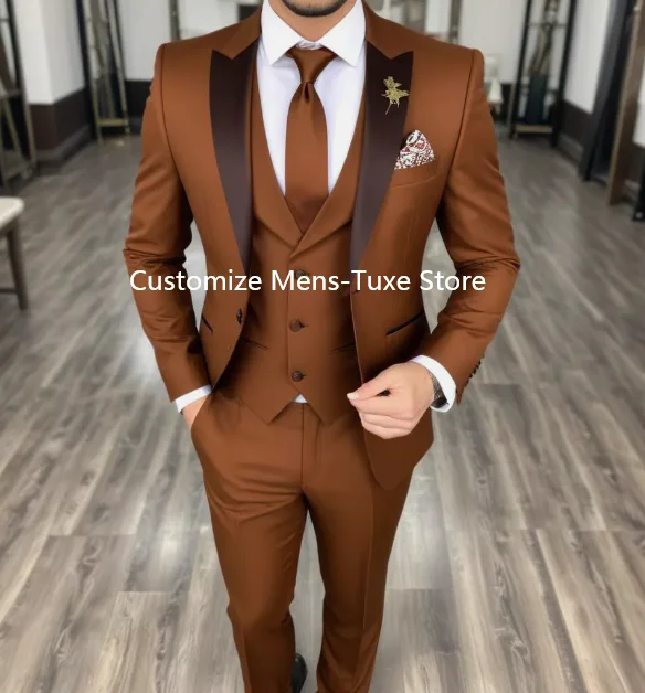 Men's Brown 3 Piece Suit Slim fit One Button Wedding Tuxedo Jacket 3pc Suit