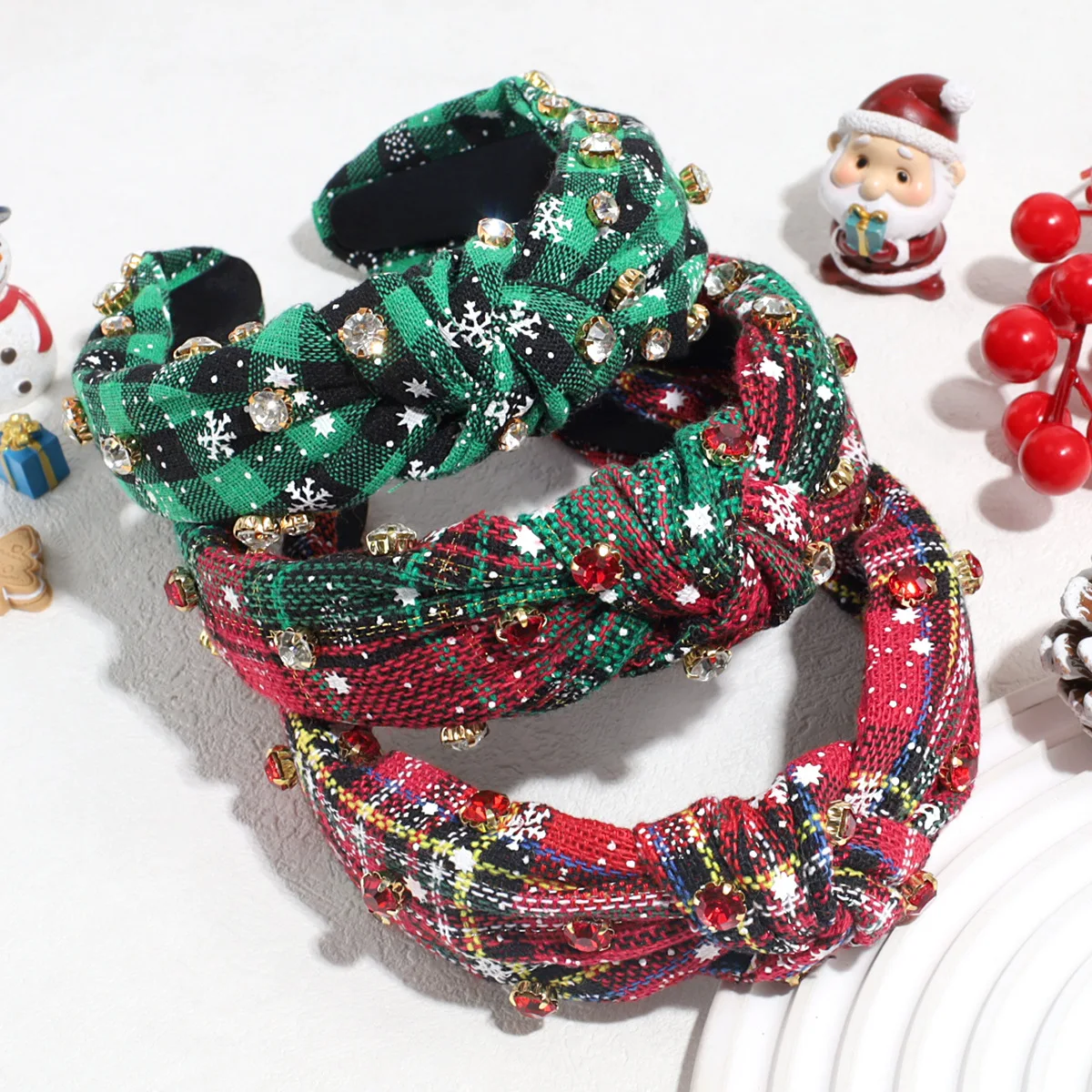 Headband Vintage Christmas Rhinestone Faux Pearl Checkered Knot Design Versatile Daily Wear Non Slip Premium Comfortable