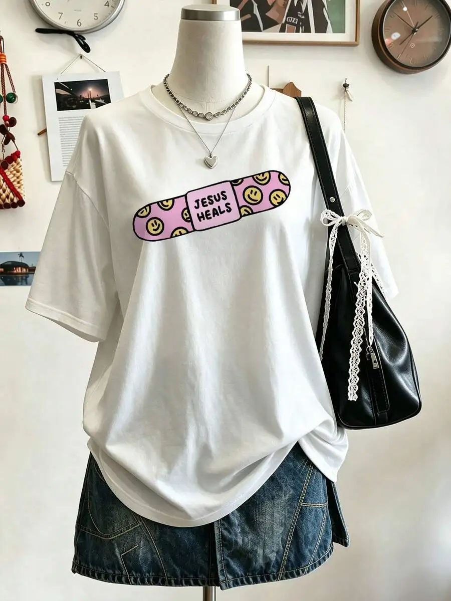 INAWLY Women's Summer Casual Letter & Skateboard Print Loose Round Neck Short Sleeve T-Shirt , Women Top Graphic Tees Women Tops