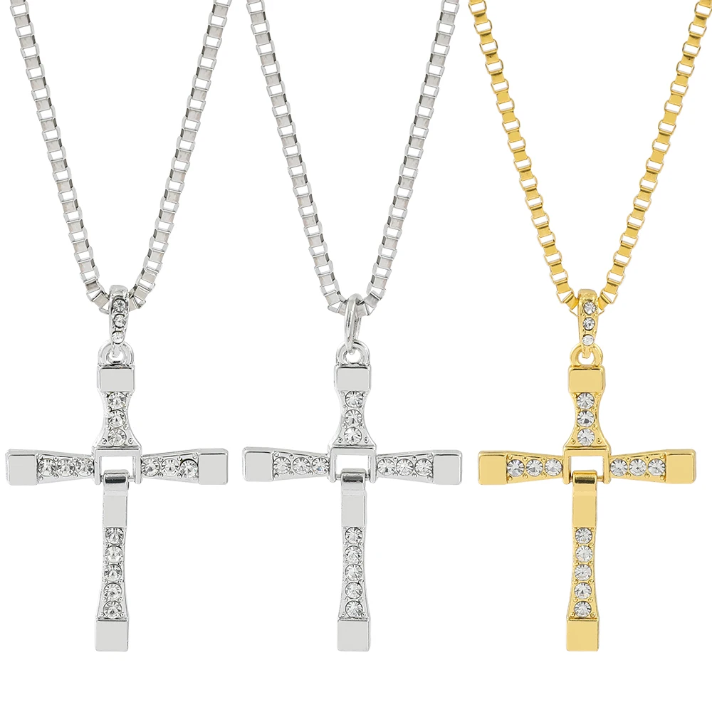 Fast & Furious Classic Rhinestone Sliver Color Pendant Men Crystal Jesus Cross Necklace Activity Male Gift Jewelry Wholesale