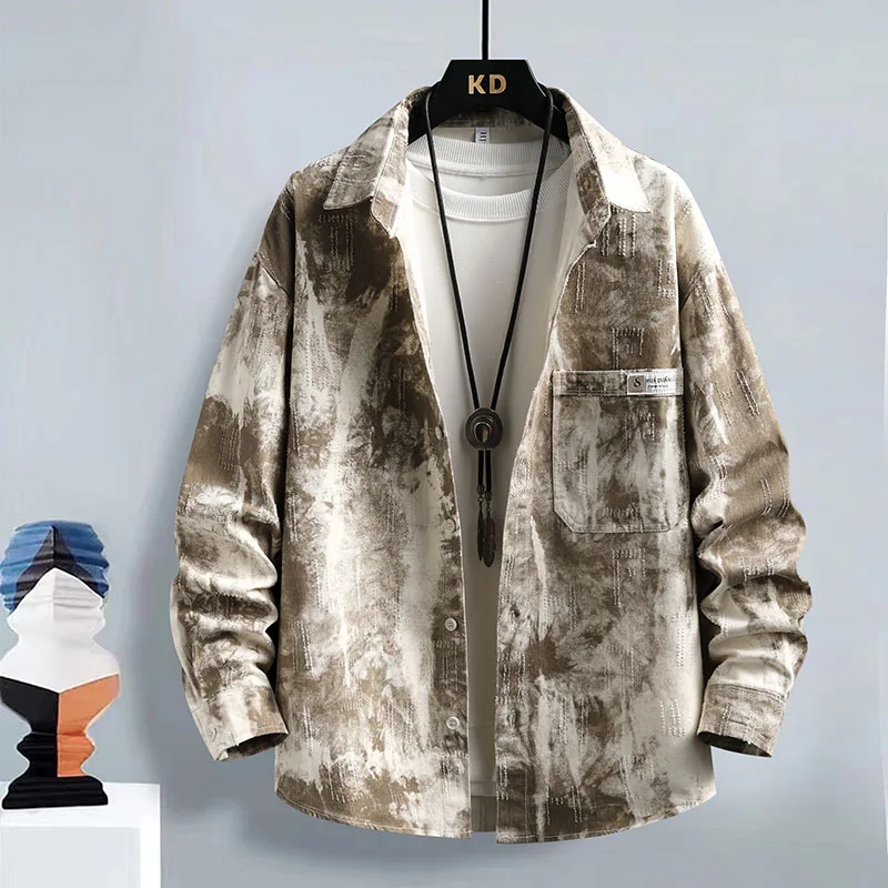 

Men'S New Trendy Casual High-Quality Comfortable Large-Size Printed Fashionable Versatile Retro Solid Color Long-Sleeved Shirt