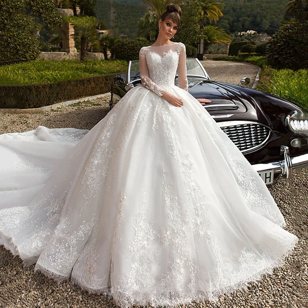 

Elegant Ball Gown Wedding Dresses Long Sleeves Beading Appliques Princess Bridal Gowns Custom Made Tulle Party Clothing