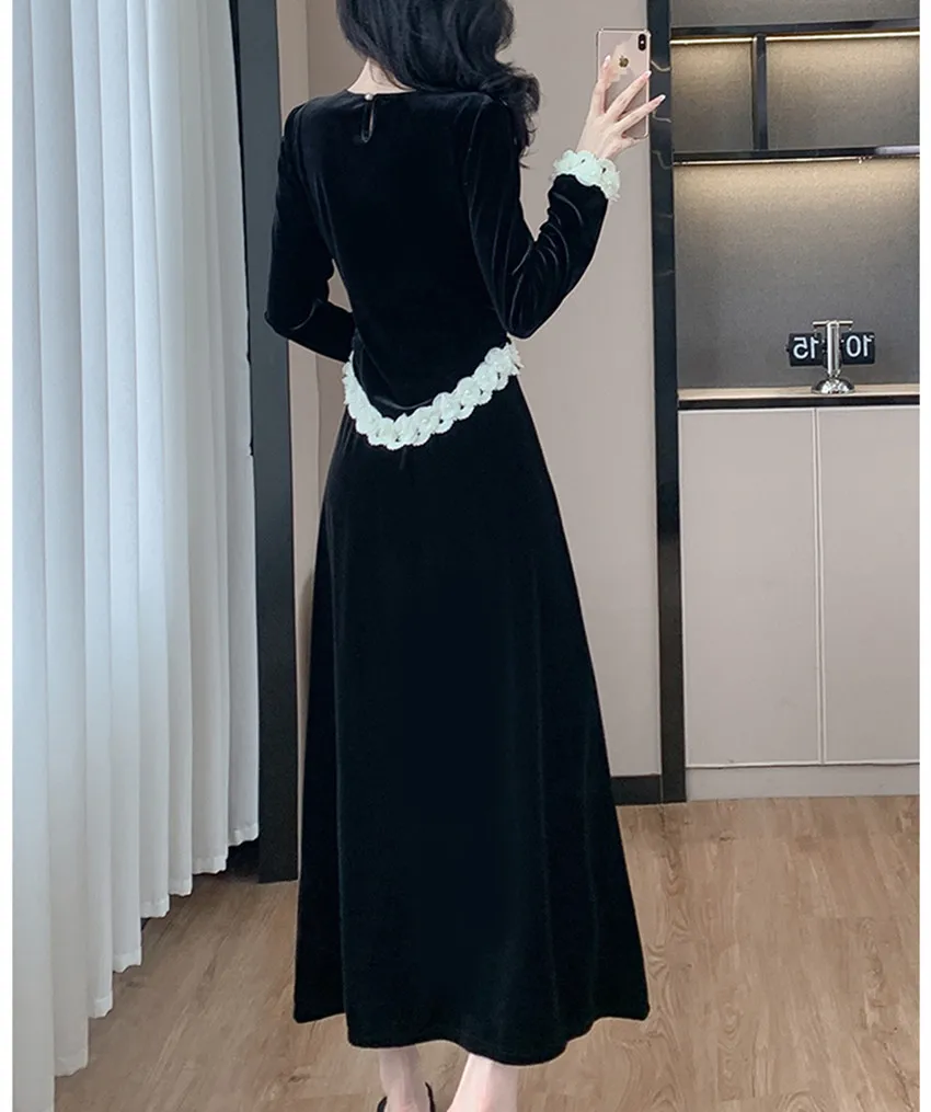 High Quality Women Velvet Office Two Piece Set New Autumn Long Sleeve Beading Floral O Neck Tops + Midi Velour Black Skirt Suits