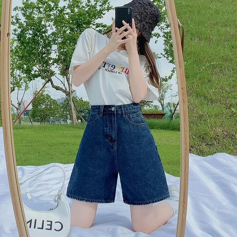 Damskie luźne jeansy Harajuku Street z krótkim dołem, letnia moda, nowe uniwersalne szorty z wysokim stanem do kolan, szerokie jeansy Y2K Retro