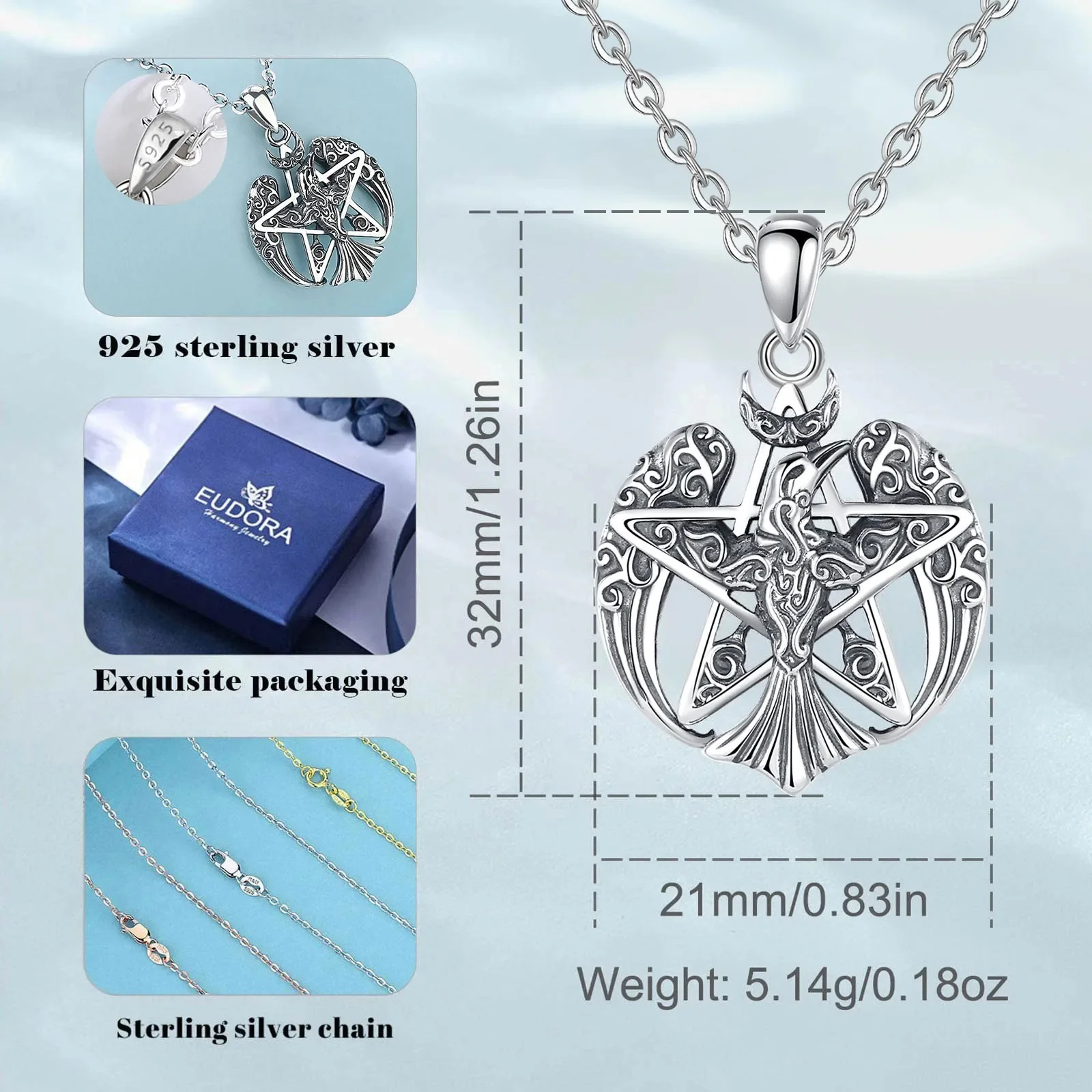 Eudora 925 Sterling Silver Pentagram Amulet Necklace Viking Raven Moon Vintage Pendant Personality Witchcraft Jewelry for Men