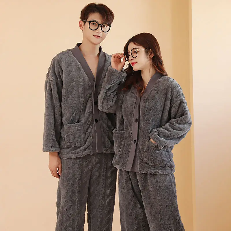 Couple Pajamas for Men Fleece Winter Sleepwear Korean Sleeping Night Wear Solid Pijama 2 Pcs Pants Sets Warm V-neck Home Suit