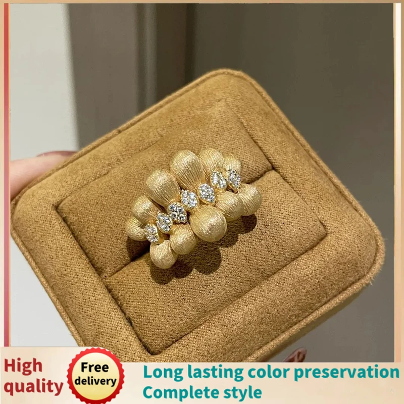 

French vintage hand-brushed ribbon coffee bean ring Fashion light luxury temperament micro inlaid woven women gift