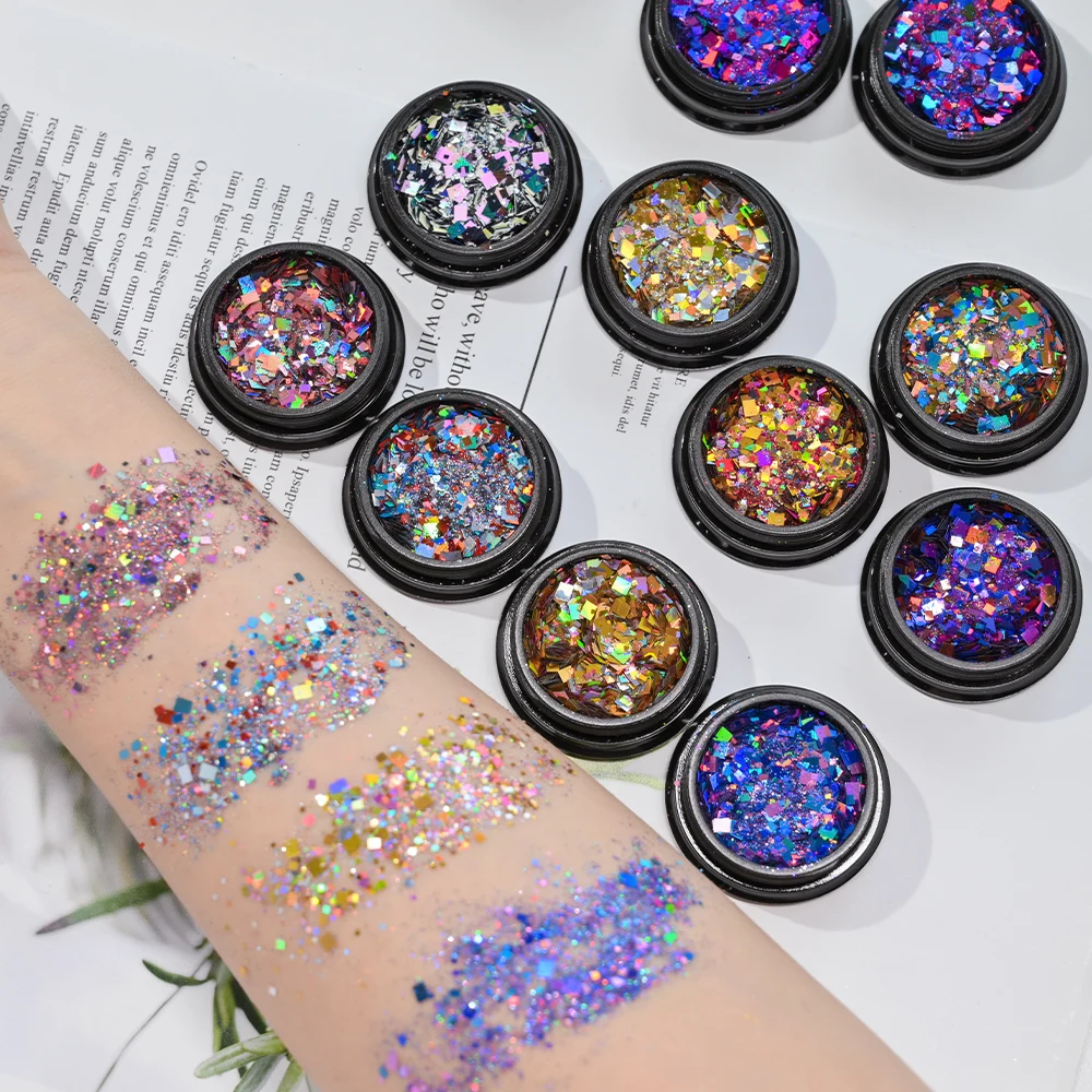 Net2-3g*12pcs Holographic Chunky Glitter Square Sequins Set Mixed-Size Iridescent Square Flakes Iridescent Shiny Laser Glitter