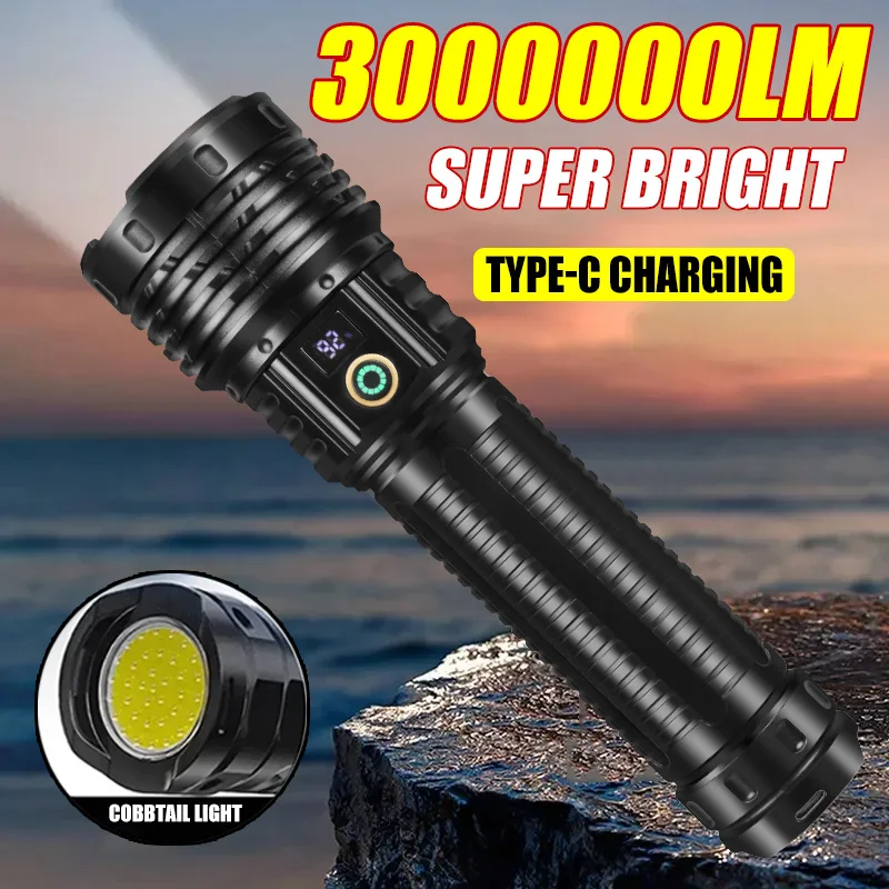 고성능 LED 손전등 3000000 LM 충전식 토치 1500W 텔레스코픽 줌 강력한 랜턴 초강력 손전등