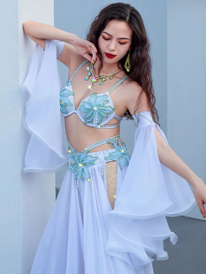 Belly Dance Training Clothes Women Diamond Bra Mesh Long Skirt Princess Fan Popsong Opening Dance Performance Attire Dancewear