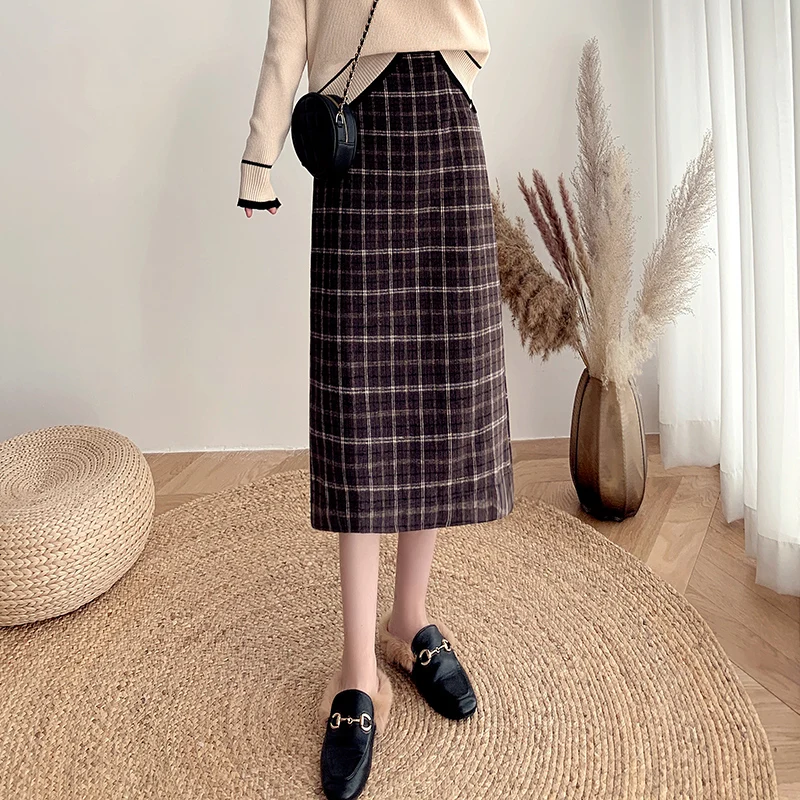 

High Waist Plaid Woolen Skirt Women's Autumn Winter New Sle A-Line Wrap Body High Slit One-Step Skirt Korean Sle