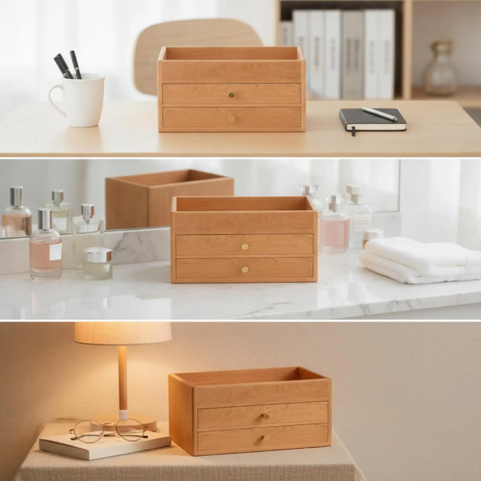 Small Solid Wood Tabletop Cabinet with Two Pull Out Drawers for Vanity Organizing and Desk Use
