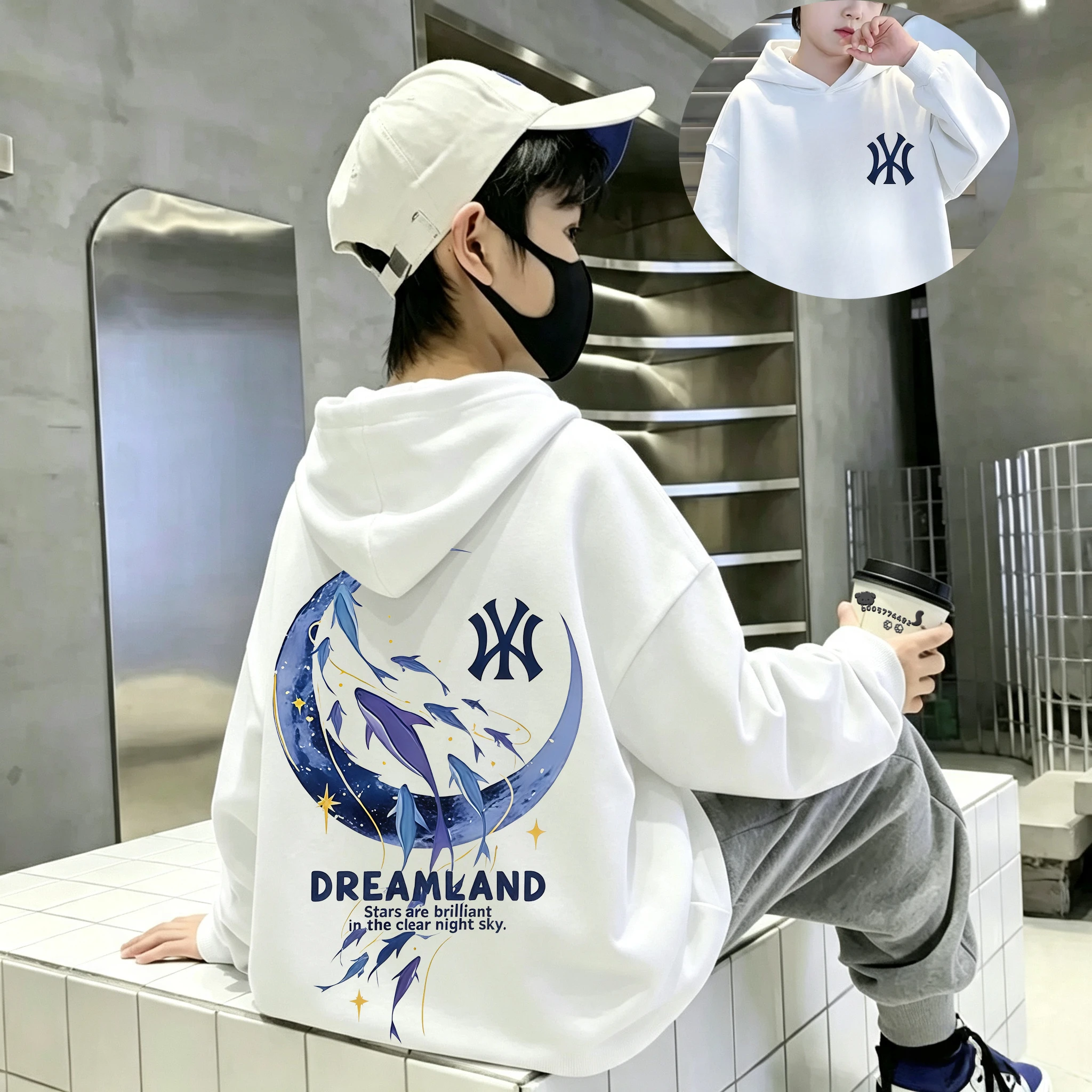 Autumn/Winter Trend Moon Whale Print Hooded Sweatshirt - Classic American Retro Pattern Children's Pullover Sweater