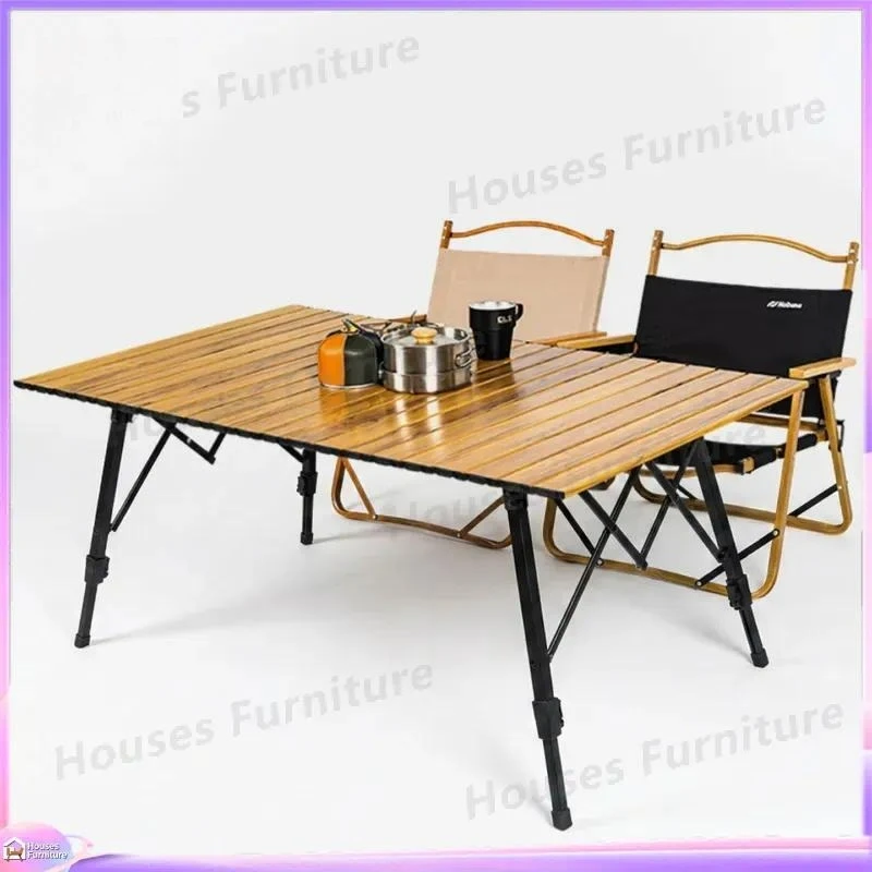 Outdoor folding table Wood grain aluminum alloy egg roll table Large lifting camping table Portable camping self-driving