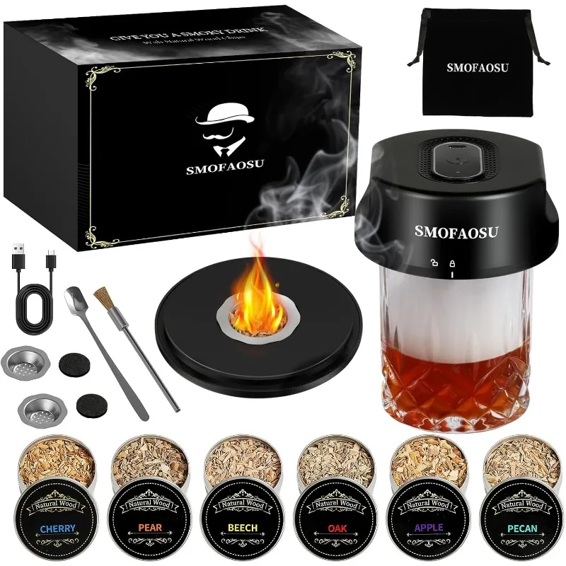 

Набор для курильщика виски, электрический набор для коктейлей с 6 дровяными чипсами, перезаряжаемый набор для курильщика бурбона, встроенная зажигалка, день рождения