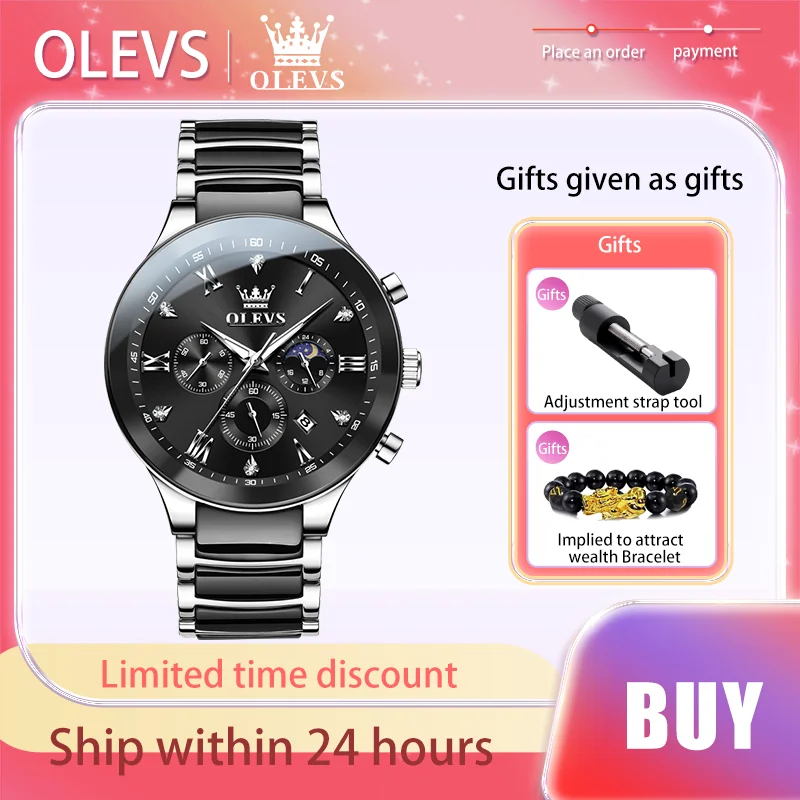 OLEVS Original Authentic Men's Watches Moon Phase Ceramic Tape Quartz Watch Trend Chronograph Male Wristwatch With Calendar