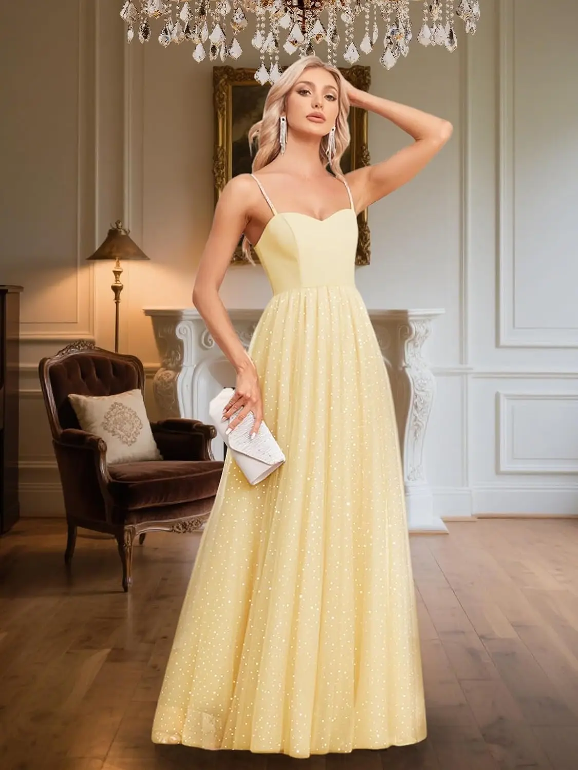 レディース キラキラドレス イブニングドレス グリッター スパゲッティストラップ チュール ハイウエスト Aライン ロング フォーマル イブニングドレス ドレス