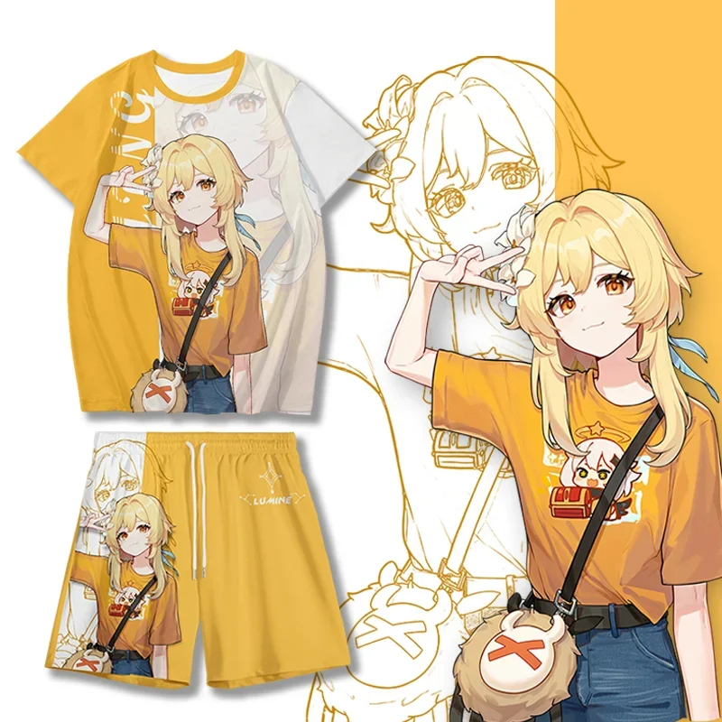 

Genshin impact traveler Lumine cosplay T-shirt and shorts kimono set summer short sleeve haori cloak streetwear Harajuku tops