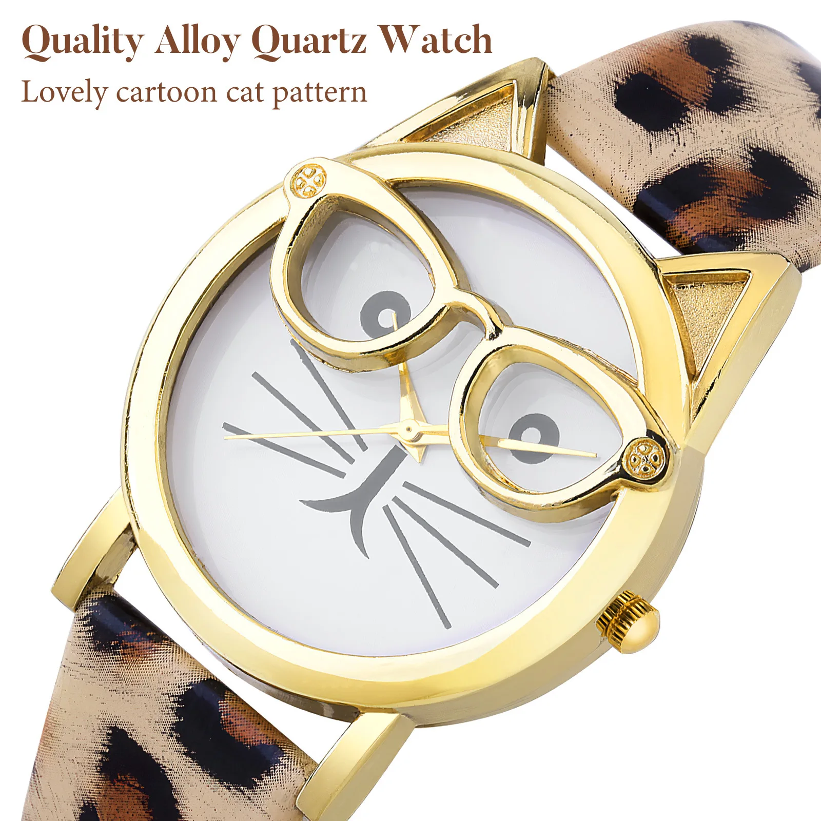 ساعة بنمط القطة لحزام Pu ساعة كوارتز عصرية متينة من الفولاذ المقاوم للصدأ تناظرية لساعة اليد