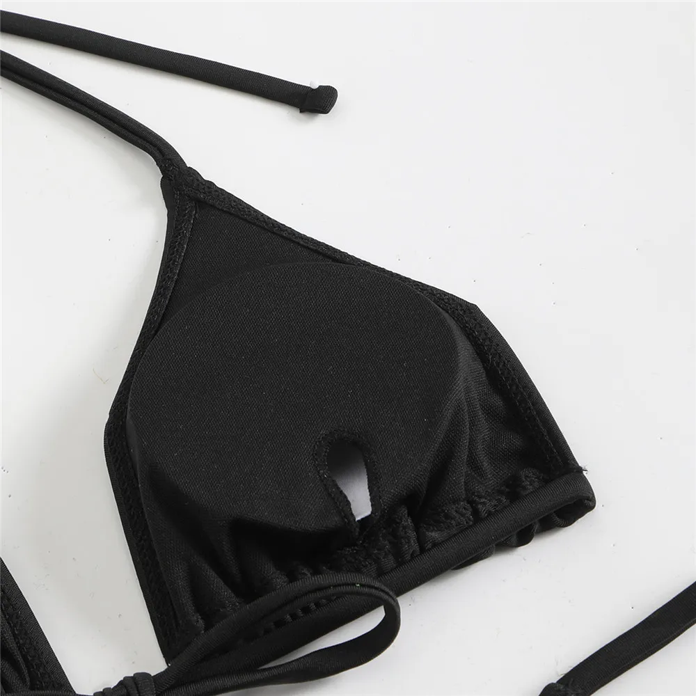 ชุดบิกินี่ไมโครสีดำล้วนแบบ 4 ชิ้น ชุดว่ายน้ำเซ็กซี่ ผ้าคลุม ชุดว่ายน้ำแขนยาวสำหรับผู้หญิง ชุดชายหาด บิกินี่แบบผูกเชือก